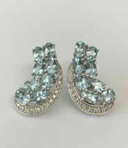 3.65Ct Diamond &amp; Blue Aquamarine 14K White Gold Over Omega Back Earrings - £80.27 GBP