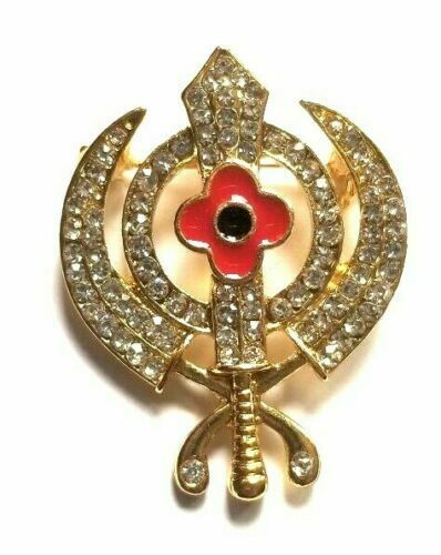 Primary image for Stunning Diamonte Gold Plated SIKH KhandaPoppy Khalsa Singh Kaur Brooch Pin Gift