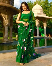 Green Georgette Saree , Floral Print, Tassel Work,, saree for women / girls Indi - £53.82 GBP