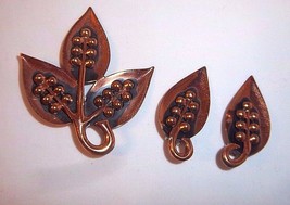 Copper Jewelry Artisan 3 Pc Set Leaves Pin Brooch Clip Earrings Dimensional Leaf - £22.51 GBP