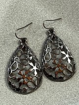 Large Oxidized Silvertone Teardrop w Cut-Out Flowers Dangle Earrings for Pierced - £8.92 GBP