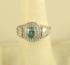 Vtg Sterling Silver Oval Blue Topaz Double Halo Cathedral CZ Accent Ring STS 925 - £42.71 GBP