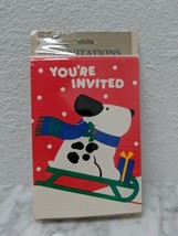 VTG Hallmark White &amp; Black Dog on Sled Party Invitation 8 Holiday Christmas NIP - £5.49 GBP