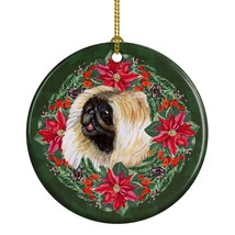 Pekingese Poinsetta Wreath Ceramic Ornament Christmas Tree Hanging Decor... - $11.49