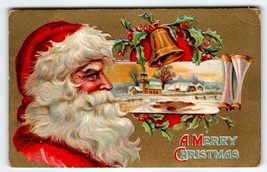 Santa Claus Christmas Postcard Saint Nick Profile Church Bells Embossed Vintage - £14.58 GBP
