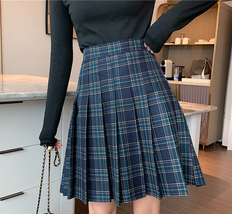 Navy Blue Plaid Skirt Outfit Women Plus Size Knee Length Pleated Plaid Skirt image 4