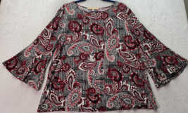 Nipon Boutique Blouse Top Women Size 1X Red Black Paisley Long Sleeve Round Neck - £19.62 GBP