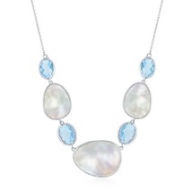 Sterling Silver Alternating Oval Blue Topaz and Mother of Pearl Necklace - £199.01 GBP