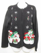 Ugly Christmas Sweater PL Black Applique Snowmen Snowflakes Tiara Petites - $27.93