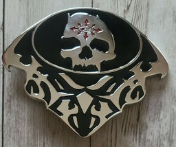 Oker Brand ~ Silver &amp; Black ~ Skull Design Belt Buckle ~ 4.25&quot; Wide x 3.25&quot; Tall - £17.91 GBP