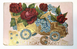 c.1910 Heavily Embossed and Gold Foiled Birthday Greetings PC Flower Car Germany - £3.98 GBP