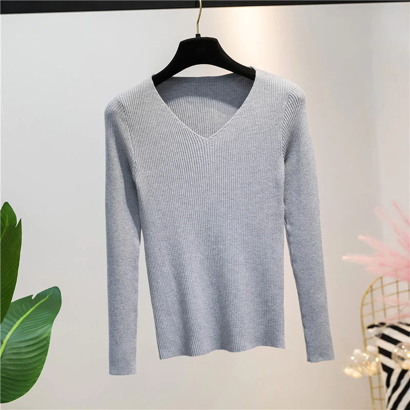 women Autumn And Winter V-neck Knitted Long-sleeved Slim Grey - $42.49