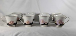 8 Lynns Fine China Pearl &quot;Alice&quot; 8860 Lily Black Band Floral Teacups Flat Cups - £18.18 GBP