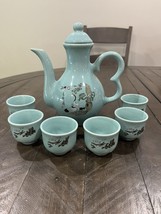 Vintage Japanese Ceramic Teapot Saki Crane Heron Birds Motif Celadon Set 7.5” - $29.69