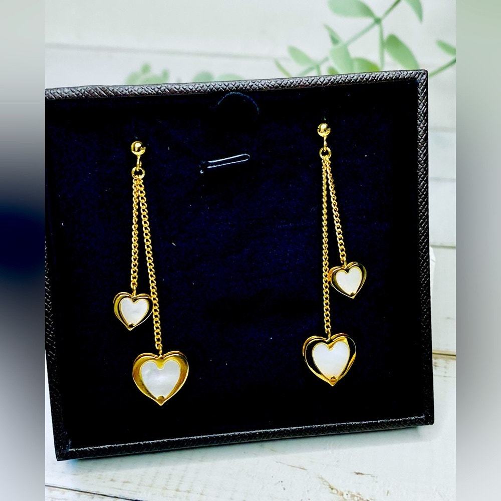 Primary image for Faux Mother of Pearl Double Heart Drop Earrings NIB