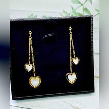 Faux Mother of Pearl Double Heart Drop Earrings NIB - £6.12 GBP