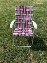 Vintage Aluminum Webbed Folding Lawn Chair Red White Blue Good Condition - £40.43 GBP