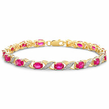 6x4mm Oval Cut Created Ruby 14k Yellow Gold Over &quot;XO&quot; Tennis Bracelet 7&quot; - £117.18 GBP