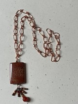 Estate Solid Copper Open Link Chain w Faux Brown Mottled Rectangle Stone w Bead - £15.54 GBP