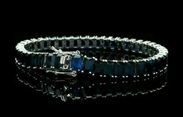 14k White Gold Plated 3.5 ct Emerald Cut Sapphire Women&#39;s Tennis Link Bracelet - £179.93 GBP