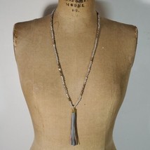 Leather Tassel Necklace Crystal Faceted Beads Aurora Borealis Smokey Glass Charm - £16.45 GBP