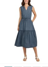 Lands&#39; End Womens Dress Blue Midi Tiered V-Neck Sleeveless Pockets Elastic Waist - £33.25 GBP