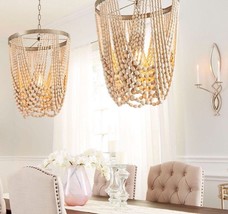 Anthropologie Shabby Style Chic Natural Wood Beaded Chandelier Pendant - £598.71 GBP