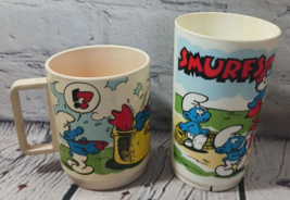 Vintage Set/2 Smurfs Plastic Mug &amp; Cup Tumbler Usa Smurf Deka Read Description - £6.18 GBP