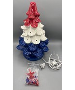 Ceramic Patriotic Christmas Tree Lighted Decoration Red White Blue Plug-... - $34.74