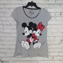 Disney Top Women Medium M Gray Mickey &amp; Minnie Ruffle Hem Short Sleeve S... - $19.99