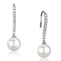Beautiful 10mm Round Synthetic White Pearl Dangle Rhodium Plated Hook Earrings - £47.25 GBP