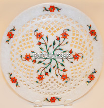 15&quot; White Marble Serving Plate Hakik Floral Inlay Lattice Arts Christmas... - $564.98