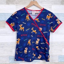 Rudolph The Red Nose Reindeer Christmas Scrub Top Blue Nursing Womens XS - $19.79