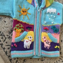 Child&#39;s Arpillera Handmade Peruvian Sweater Cardigan Aqua 2T Sun Animals - £14.56 GBP