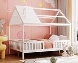 Kids Full Size House Bed With Fence And Roof, Wood Low Platform Bedframe... - $545.99