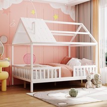 Kids Full Size House Bed With Fence And Roof, Wood Low Platform Bedframe With Sl - £427.89 GBP