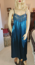 Vtg Teal Armoureuse Long Shiny Satin Nightgown Gown Slip  Lace size M/L - £19.45 GBP