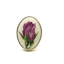 Vintage Signed Handwrought Sterling Silver Oval Rose Flower Porcelain Ring sz 6 - £63.61 GBP