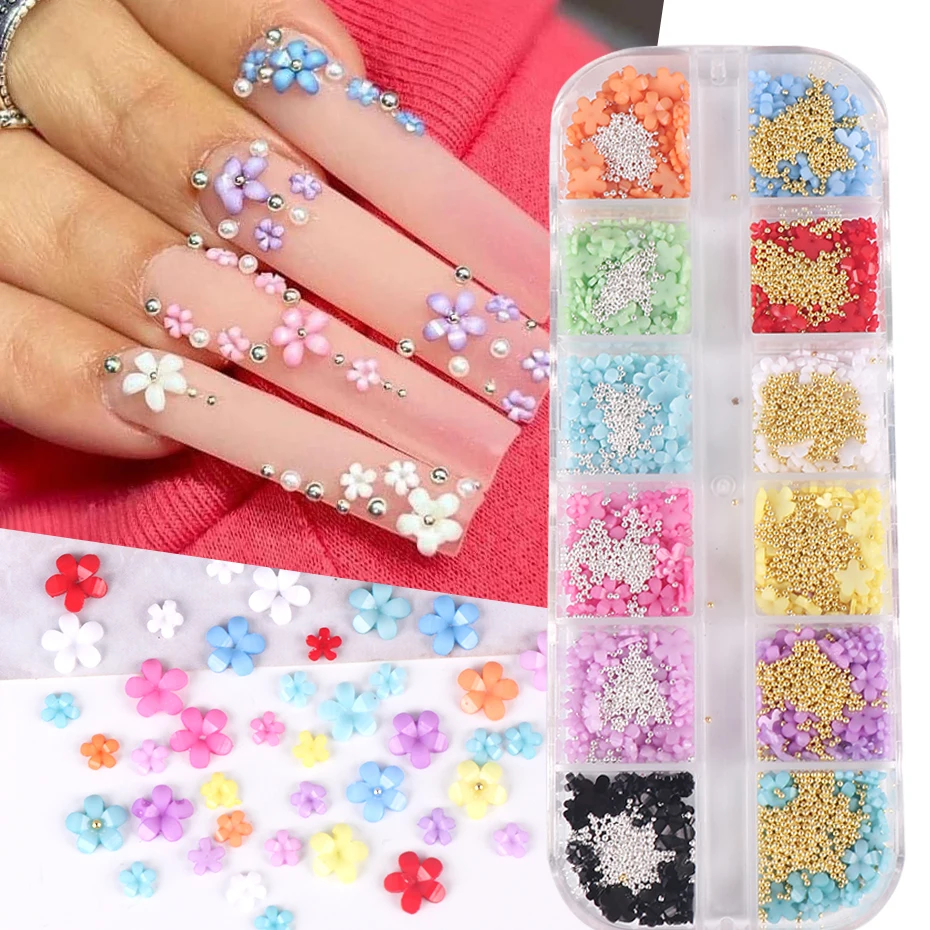 Kawaii Small Flower Nails Charms Parts Mixed Steel Ball Acrylic Floral - £9.18 GBP