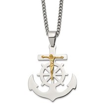 Stainless Steel Yellow IP-Plated Mariner&#39;s Cross Necklace - £74.19 GBP