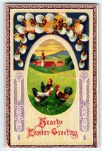Easter Greetings Postcard Roosters Church Country Gel Baton &amp; Spooner Germany - £7.92 GBP