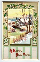 A Happy New Year Embossed Postcard Water Wheel Vintage Rustic Snowy Cottage - £7.11 GBP