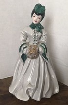 Florence Ceramics DELIA Figurine Porcelain Lady Gray &amp; Green w/ Gold Muff Vtg CA - £19.36 GBP
