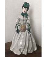 Florence Ceramics DELIA Figurine Porcelain Lady Gray &amp; Green w/ Gold Muf... - $24.75