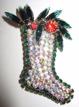 CHRISTMAS STOCKING BROOCH PIN FEATURING SUPER SIZE NAVETTE RHINESTONES 2... - $29.95
