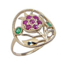 Kabbalah Ring Pomegranate Gold 14k with Ruby and Emerald Talisman Amulet... - £185.15 GBP