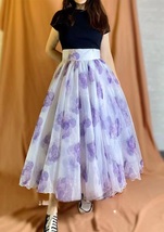 Summer Purple Flower Skirt Outfit Women High Waist Plus Size Organza Midi Skirt image 4