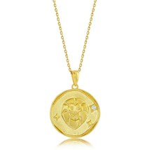 Sterling Silver &#39;LEO&#39; CZ Zodiac Circle Pendant w/Chain - Gold Plated - £56.50 GBP