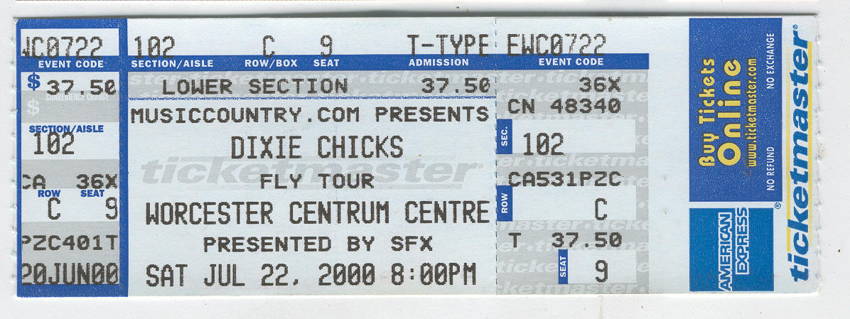 DIXIE CHICKS 2000 THE FLY TOUR WORCESTER CENTRUM FULL COLLECTABLE TICKET... - $4.95