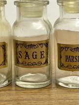 Four Vintage Glass Apothecary Spice Jars With Stoppers Empty with Gold L... - £21.56 GBP